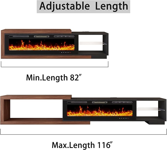 82-116" Electric Fireplace Extendable TV Stand, Modern Entertainment Center with LED Lights and Power Outlet for Up to 120 Inch TV for Living Room Bedroom, Black & Walnut