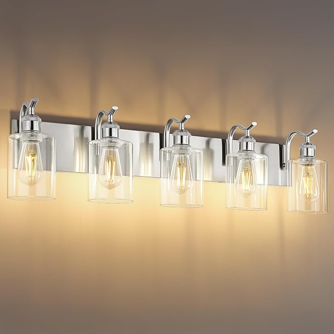 5 Light Bathroom Vanity Light, Brushed Nickel Vanity Lights for Morden Bathroom Lighting Fixtures Over Mirror Wall Light Fixtures with Clear Glass Shade ZCVL01BN-5