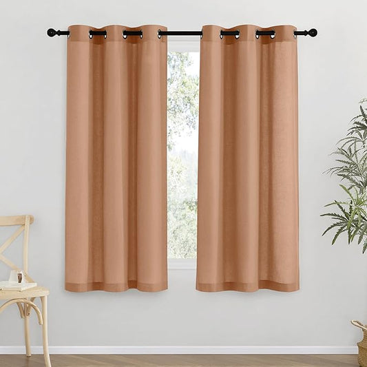 NICETOWN Burnt Orange Short Linen Curtains for Kitchen, Thick Flax Small Window Treatments Semi Sheer Privacy Assured with Light Through for Cafe/Bathroom, W42 x L48, 2 Panels