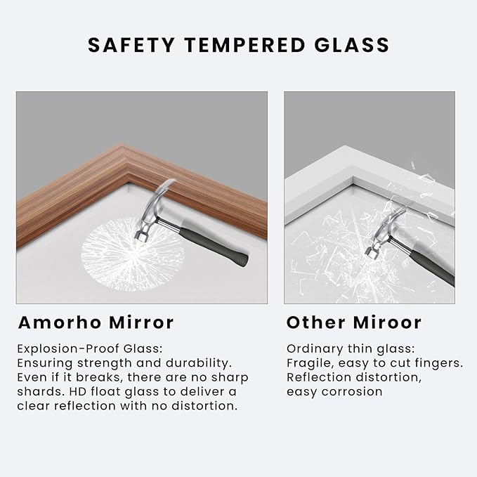 Amorho Bathroom Mirror, 24x30 Inch Wall Mirror, Walnut Wood Grain Metal Framed, Anti-Rust, Hang Horizontally/Vertically, Suitable for Bedroom, Farmhouse, Bathroom, Decorative