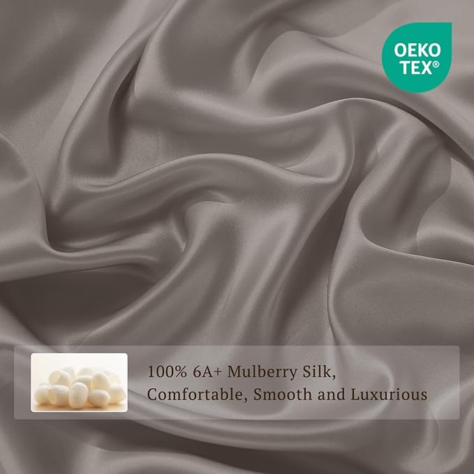 THXSILK Silk Sheet Set 5Pcs, 6A+ Top Grade 100% Pure Mulberry Silk Bed Sheets, Ultra Soft Durable Luxury Bedding Sets, 2 Fitted Sheet, 1 Flat Sheet and 2 Pillowcases (Split King, Charcoal)