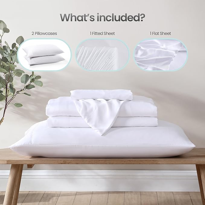 100% Eucalyptus Tencel Lyocell Sheet Set, Silky Soft & Smooth Cooling Sheets for All-Season, Sustainably Made, Moisture-Wicking, Hypoallergenic - Full, White