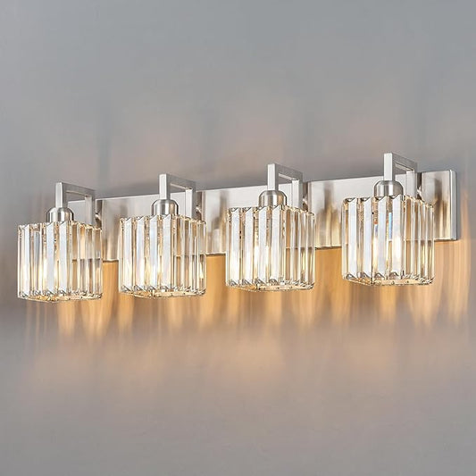 Modern Bathroom Vanity Light 4-Lights Brushed Nickel Vanity Light Crystal Wall Light Bathroom Light Fixtures