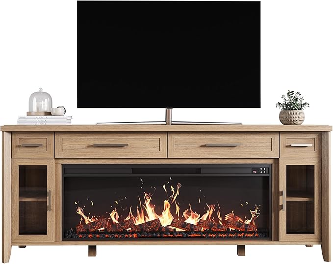 BELLEZE 74 Inch Rustic TV Stand with 48" Electric Fireplace, Extra Large Entertainment Center with Storage Cabinets & 4 Drawers, Media Console Table for Living Room Bedroom (Camel)