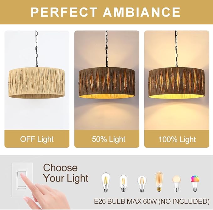 5-Light Boho Chandelier Light Fixture, 18.5" Large Raffia Drum Chandelier Hand Woven Coastal Pendant Light for Dining Room Kitchen Entryway Foyer Bedroom