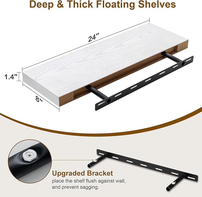 Fun Memories White Floating Shelves, 8 Inch Deep Wall Shelves Set of 2, Rustic Deep Shelves for Wall Storage, 24 x 8 Floating Shelves, 8" White Shelf for Bedroom, Living Room, Kitchen