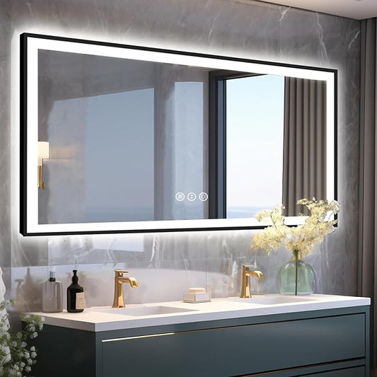72x36 Lighted Mirrors for Bathroom Wall, Modern Rectangle Matte Black Mirror, Tempered Glass，Double Lights, 3 Colors Dimmable Temperature, IP54 Enhanced Anti-Fog, Memory (Horizontal/Vertical)