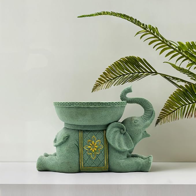 Elephant Decor Resin Sculpture with Tray – Antique Style Animal Figurine for Home, Office, Bookshelf, TV Stand – Unique Gift for Women, Moms, Friends(Green Elephant Tray)