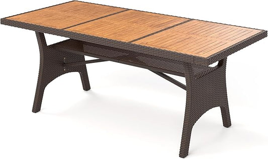 Sophia & William 74 inch Outdoor Dining Table, Acacia Wood & Wicker Patio Dining Table for 6-8 Person, Metal Legs & Adjustable Foot Pads, Large Rectangular Table for Garden, Porch, Backyard