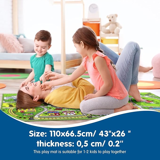 Booooom Jackson Kids' Train & City Rug - Non-Slip, Washable, Race Car Track Play Mat for Boys & Girls