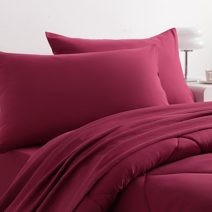 NTBAY Twin Comforter Set with Sheets, 5 Pieces Soft and Breathable Twin Bedding Set, Twin Bed in a Bag, Down Alternative Comforter Set Solid Color All Season, Kids Bedding Set, Wine Red