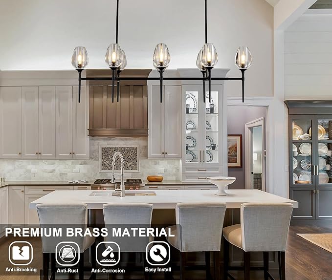 Modern Crystal Large Chandeliers 8 Lights Black, 52in Black Rectangle Tulip K9 Crystal Chandelier, Pendant Ceiling Light for Dining Living Room Bedroom Entryway over Table, E12 Bulbs Included