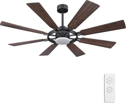 ELEHINSER 60 Inch Ceiling Fan with Lights and Remote Control, 8 Plywood Blades, 6-Speed Noiseless Reversible DC Motor, 3CCT, Windmill Ceiling fan for Kitchen Bedroom Living Room, Black and Walnut