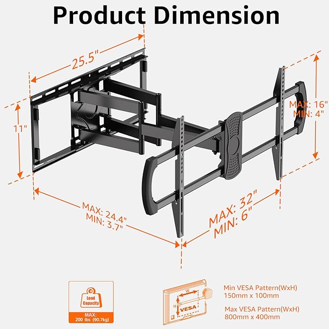 ELIVED Heavy Duty TV Wall Mount for Most 42"-90" TV Up to 200 LBS, Max VESA 800x400mm, Pre-Assembled Wall Mount Bracket, Full Motion Swivel tv Mount Fits 24"/18"/16" Wood Studs, YD3028