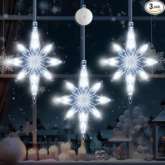 3Pcs Christmas Window Lights Decorations with Timer,Battery Powered Christmas Window Hanging White Lighted Lucky Star Shaped LED Sucker Lamp for Xmas Tree Fireplace Window Indoor Outdoor Decor