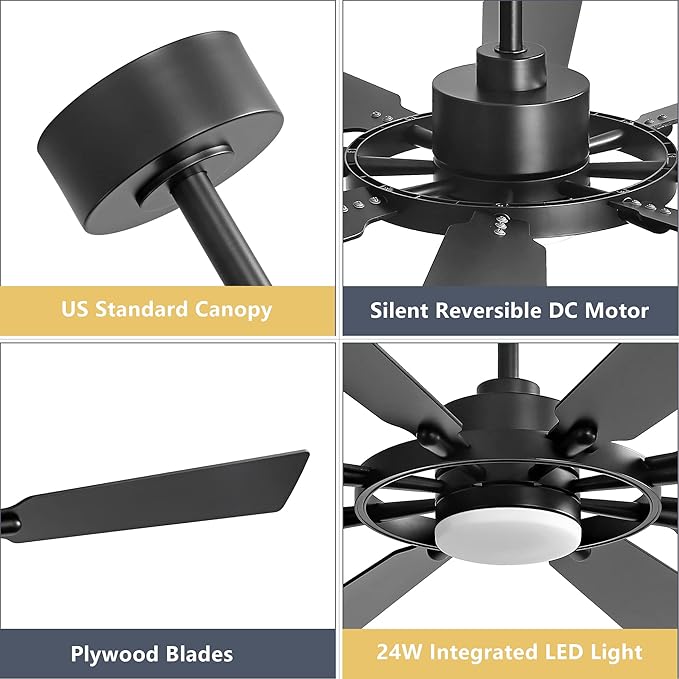 ELEHINSER 60 Inch Ceiling Fan with Lights and Remote Control, 8 Plywood Blades, 6-Speed Noiseless Reversible DC Motor, 3CCT, Windmill Ceiling fan for Kitchen Bedroom Living Room, Matte Black