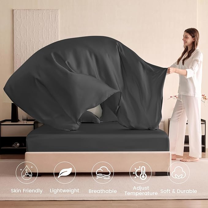 THXSILK Silk Sheet Set 4Pcs, 6A+ Top Grade 100% Pure Mulberry Silk Bed Sheets Ultra Soft Durable Luxury Bedding Sets Cooling, 1 Fitted Sheet, 1 Flat Sheet and 2 Pillowcases (Twin, Black)