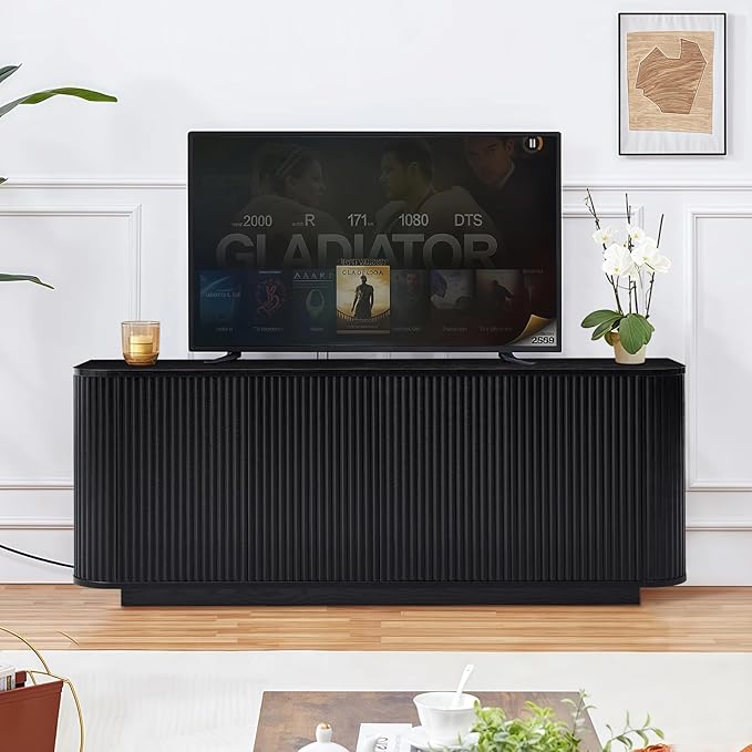 64" Buffet Sideboard Cabinet with Storage, Modern Fluted Accent Credenza with Adjustable Shelves, Wood Coffee Bar Console Table for Living Room Kitchen Dining Room Hallway, Black