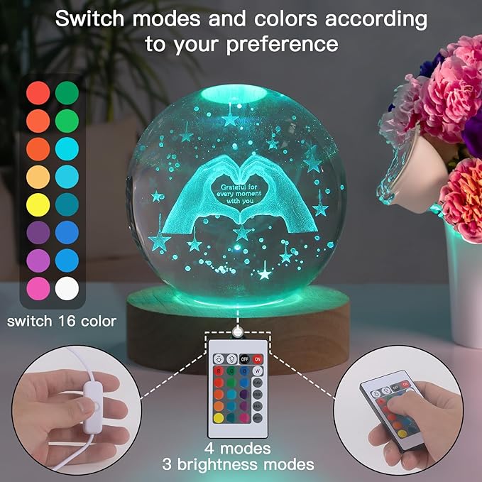 3D Crystal Ball Night Light, 16 Colors 4 Modes, Remotely Controlled, Night Light Room Decor, Funny Anniversary Christmas Gifts for Women, Girlfriends, Wives, Daughters