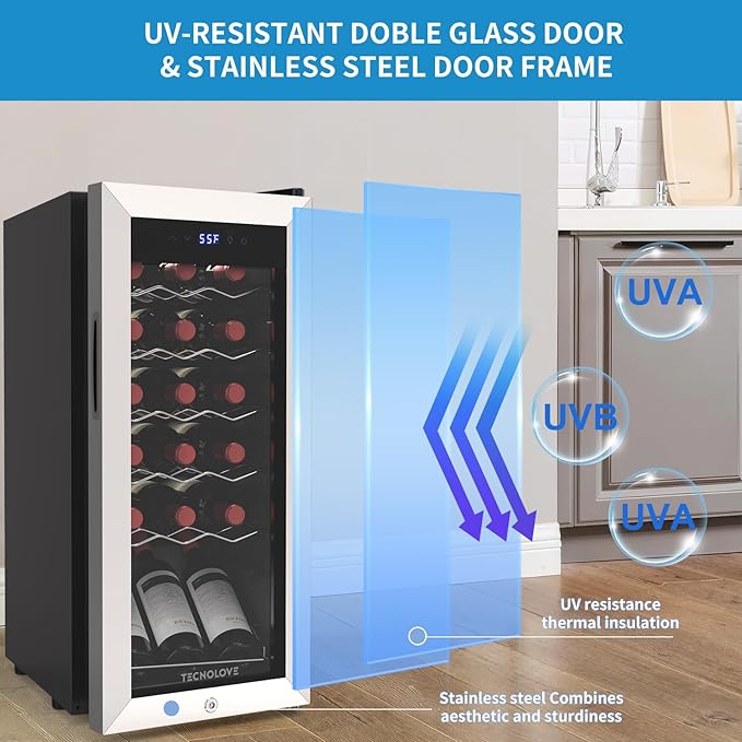 18 Bottle Wine Cooler with 41-68℉ Digital Temperature Control Stainless Steel 1.7 Cu.Ft LED Light undercounter Glass Door Compressor Small Compact for Red, White and Champagne Beer