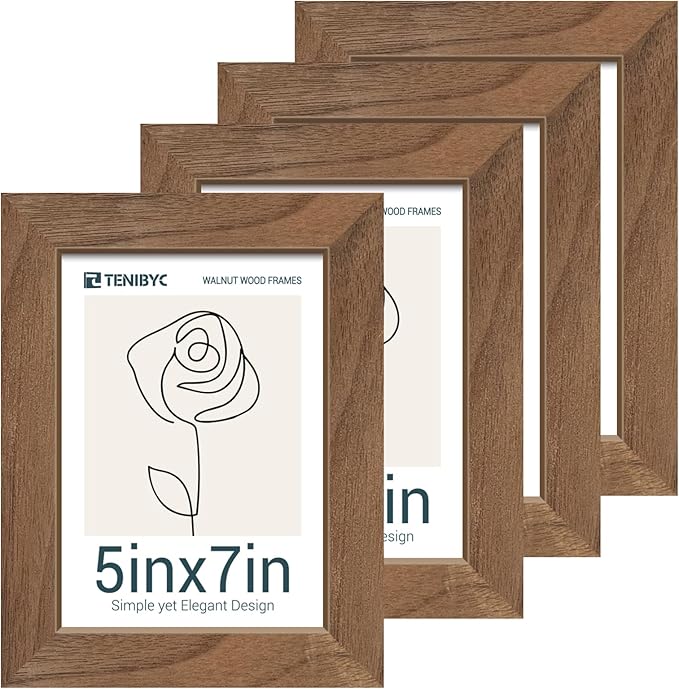 5x7 Picture Frame 4 Pack, Walnut Wood, Brown Photo Frame, HD Tempered Glass, for Table Top and Wall Display