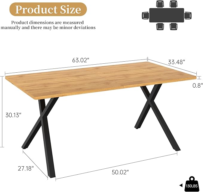 63" Modern Dining Table for 6 People, Large Rectangle Kitchen Table with X-Shaped Legs, Industrial Dining Room Furniture for Dinner, Apartment, Oak