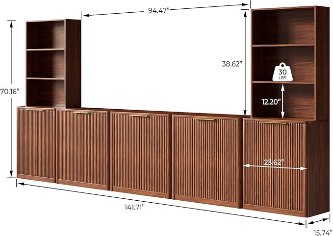 Evermagin 5-Piece Entertainment Center with Bookshelves for TVs up to 85", Mid Century Modern TV Stand with Bookcases, Walnut Buffet Cabinet with Storage for Living Room