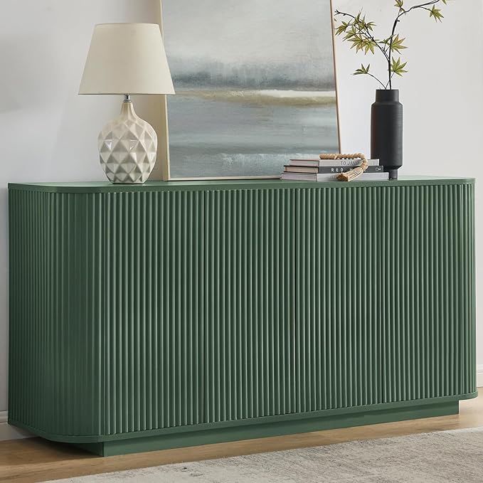 64" Sideboard Buffet Cabinet with Storage, Modern Fluted Accent Credenza with Adjustable Shelves, Wood Media Console Coffee Bar Table for Living Room Kitchen Dining Room, 31.5" H, Green
