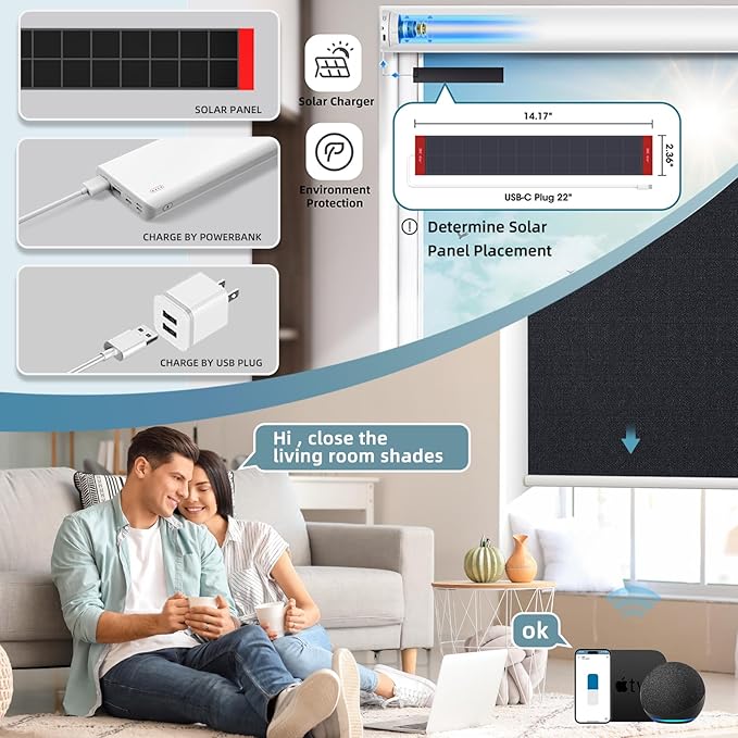 SmartWings Motorized Blackout Roller Blinds Work with Matter Homekit Z-Wave Thread Alexa Google, Smart Window Shades for Bedroom, Cordless Remote Control Customized 16"-110" W, Eclipse Onyx Black