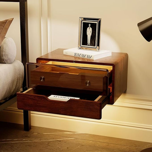 Solid Wood Floating Nightstand Smart Bedside Table, LED Nightstand, Wall Mounted Sensor NightStand with Storage for Bedroom, Dorm Small Space, Dark Walnut