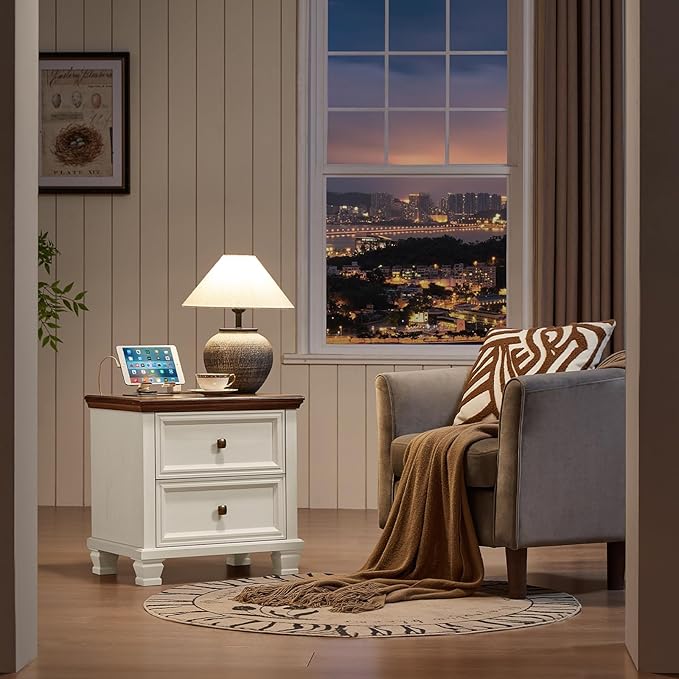 Farmhouse Nightstand with Charging Station, Rustic Low Night Stand with 2 Drawers, Mid-Century Modern End Table with 4 Square Solid Wood Legs, Small Dresser for Bedroom, Home, White