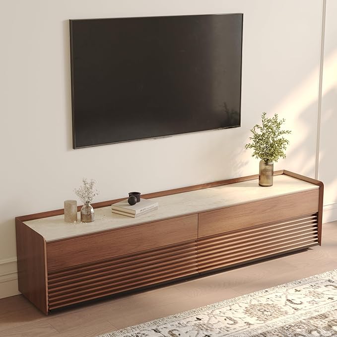 POVISON Fully-Assembled Mid Century Matte Sintered Stone TV Stand, 78.74" Wood Media Console with Adjustable LED Light, Entertainment Center with Storage for Living Room