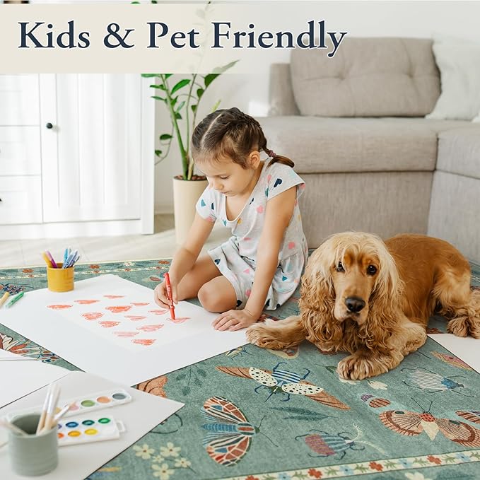 Lahome Insect Hallway Runner Rug, 2'5''x8' Ultra-Thin Washable Runners for Hallways Kitchen, Soft Laundry Room Rug Non-Slip Long Carpet for Entryway Bedroom Bathroom, Green