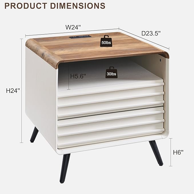 RedLemon 24" Nightstand with Charger Station, Mid Century Modern Fluted End Table with 2 Drawers, Wooden Side Table with Open Cubby Storage for Living Room, Bedroom, Office (Antuique White)