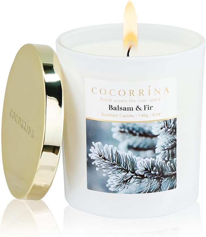 COCORRÍNA Fall Candles - Balsam & Fir 5 oz Soy Wax Scented Jar Candles for Home Scented, 31 Hours Burn Time, Aromatherapy Candle Gifts for Men Women