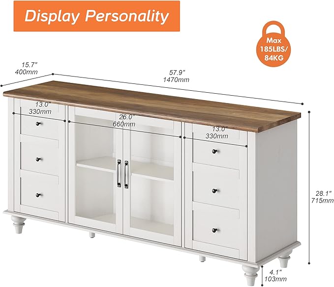 WAMPAT Farmhouse TV Stand for TVs Up to 65 inch, Glass Door TV Cabinet with Adjustable Shelf, Wooden Entertainment Center for 32-60 inch TV Console Table, Off White