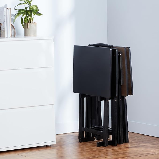 Amazon Basics Portable TV Dinner 4-Pack Rectangular Folding Tray Table with Storage Rack, Black, 15" x 19" x 26"