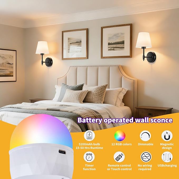 Battery Operated Wall Sconces Set of Two, Rechargeable Wireless Wall Lights with RGB Dimmable Magnetic Bulb and Remote,15 Colors Options Wireless Wall Lamps for Bedroom Living Room Hallway -black