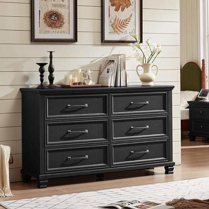Farmhouse Black 6 Drawer Dresser for Bedroom, 54 inch Wide Vintage Large Chest of Drawers with Square Wood Legs, Rustic TV Console for Living Room, Wooden Storage Closet Dressers for Home