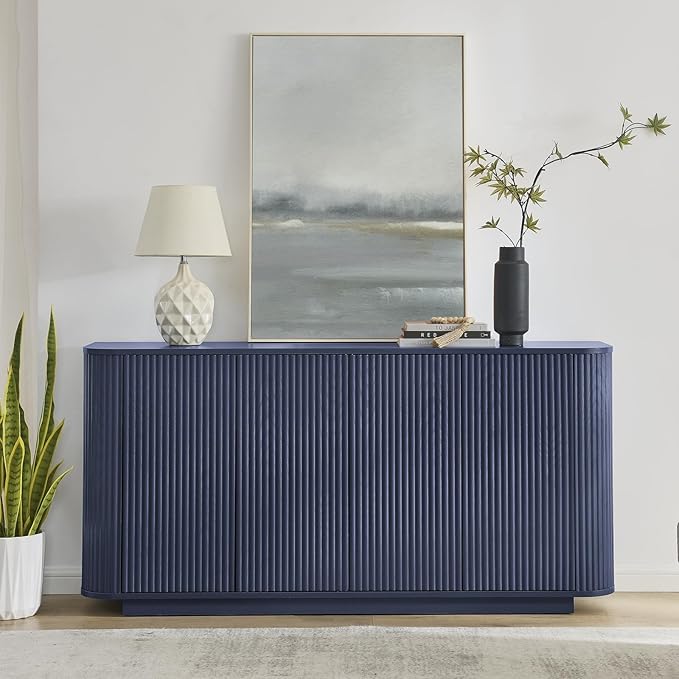 64" Sideboard Buffet Cabinet with Storage, Modern Fluted Accent Credenza with Adjustable Shelves, Wood Coffee Bar Console Table for Living Room Kitchen Dining Room Hallway, 31.5" H, Blue