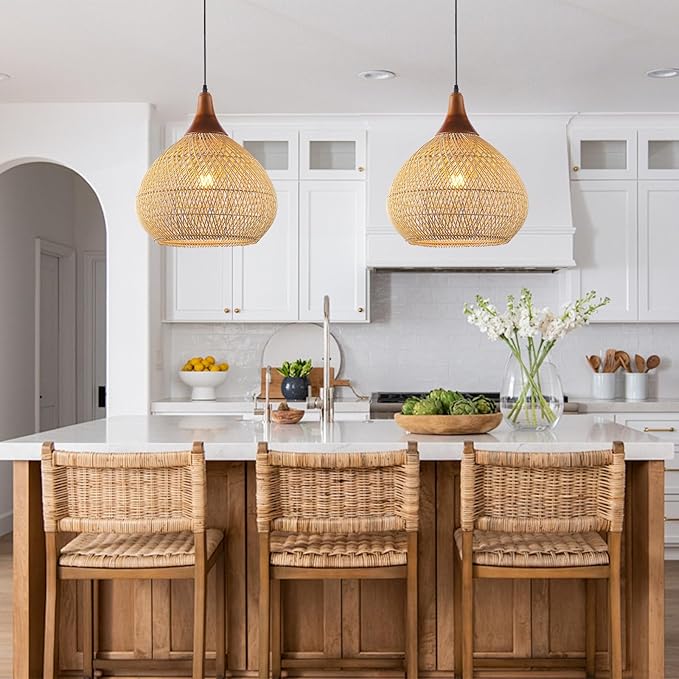 Rattan Pendant Light, 15.7" Rattan Chandelier Hand-Woven Boho Pendant Light Fixtures with Solid Wood, Basket Wicker Chandelier for Dining Room Kitchen Island Living Room