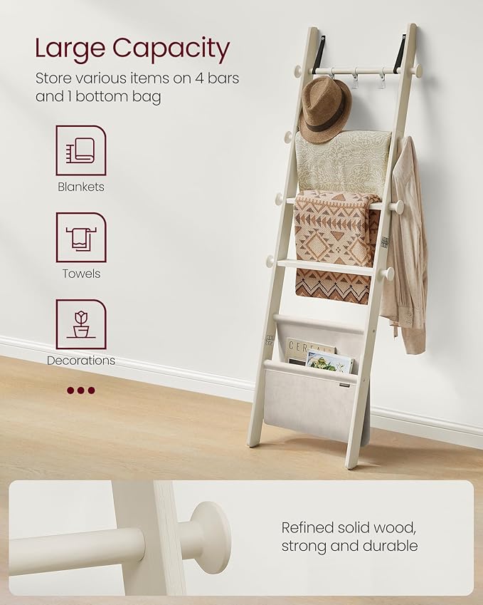 VASAGLE Blanket Ladder for Living Room, 5-Tier Wooden Ladder Shelf, Decorative Farmhouse Blanket Rack with Synthetic Leather Bag, Metal Hooks, Side Hooks, for Bedroom, Cream White ULLS022W01