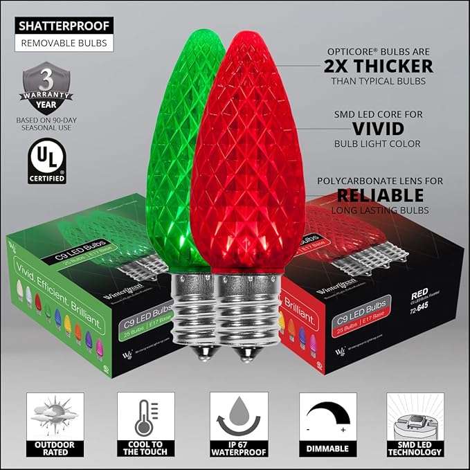 Wintergreen Lighting 100’ OptiCore LED Red and Green Christmas Pathway Lights, C9 Outdoor Landscape Lights, 4.5” Stakes, Green Wire Plug String Lights