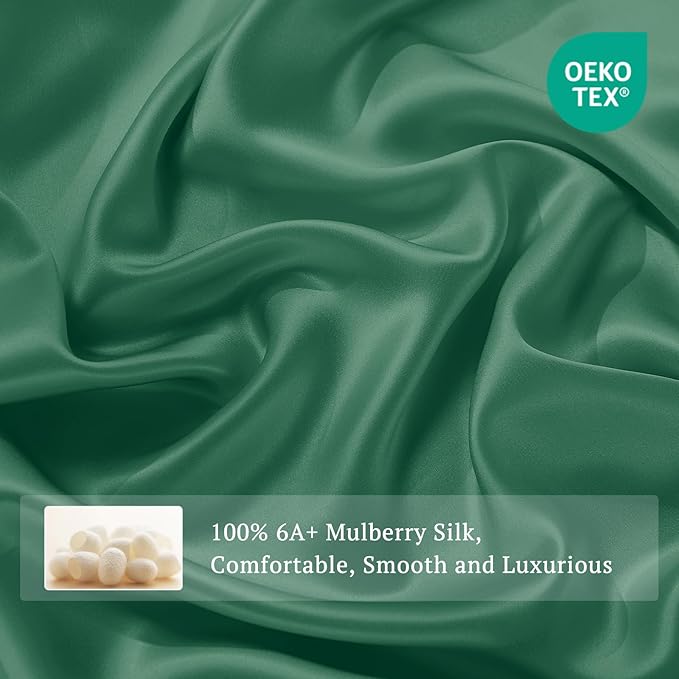 THXSILK Silk Sheet Set 4Pcs, 6A+ Top Grade 100% Pure Mulberry Silk Bed Sheets Ultra Soft Durable Luxury Bedding Sets, 1 Fitted Sheet, 1 Flat Sheet and 2 Pillowcases (Twin, Emerald Green)