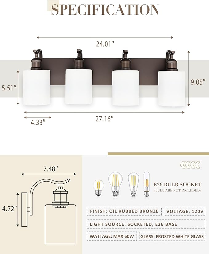 4 Light Bathroom Vanity Light, Morden Bathroom Lighting Fixtures Over Mirror Oil Rubbed Bronze Modern Wall Sconce with Milky White Frosted Shade ZCVL01ORBW-4
