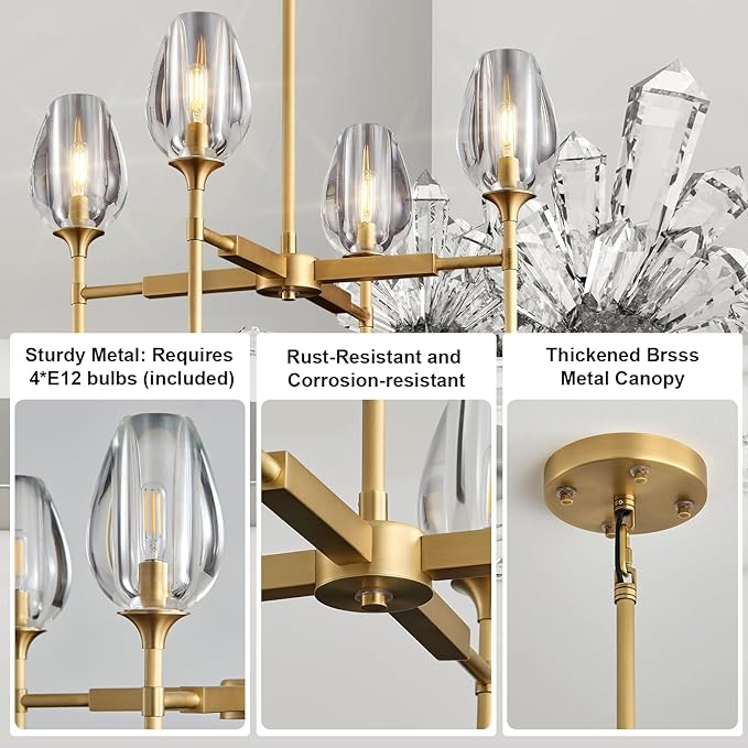 Gold Chandelier Light Fixture Kitchen and Dining Table, 4-Lights Modern Chandeliers for Dining Room, 28" Farmhouse Kitchen Pendant Lights Over Table, Crystal Wagon Wheel Chandelier(Bulbs Included)