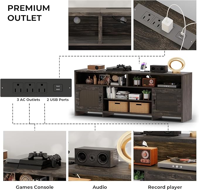 Fluted TV Stands for 70-80 Inch TV, Mid-Century Modern TV Stand Entertainment Center with LED Lights and Open Storage Shelves, 70" Curved TV Media Console for Living Room, Dark Rustic Oak