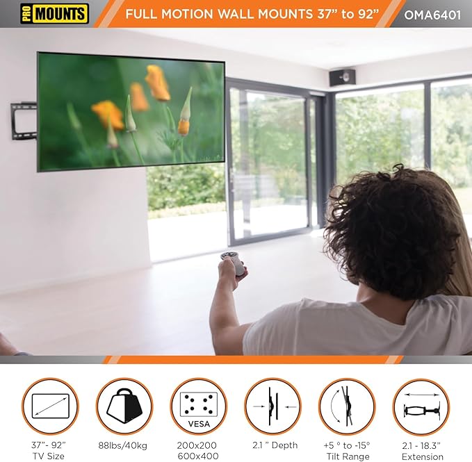 ProMounts Articulating/Full Motion Heavy Duty TV Wall Mount for 37-92 Inch LED, LCD Plasma Flat and Curved TV Screens, Holds Up to 88 lbs Max VESA 600x400