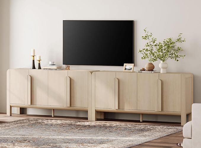 WAMPAT 126" W Large Buffet Sideboard Cabinet with Storages, Modern Buffet Table Coffee Bar Wine Bar Storage Curved Cabinet with 8 Doors for Dining Room, Living Room, Kitchen, Light Oak