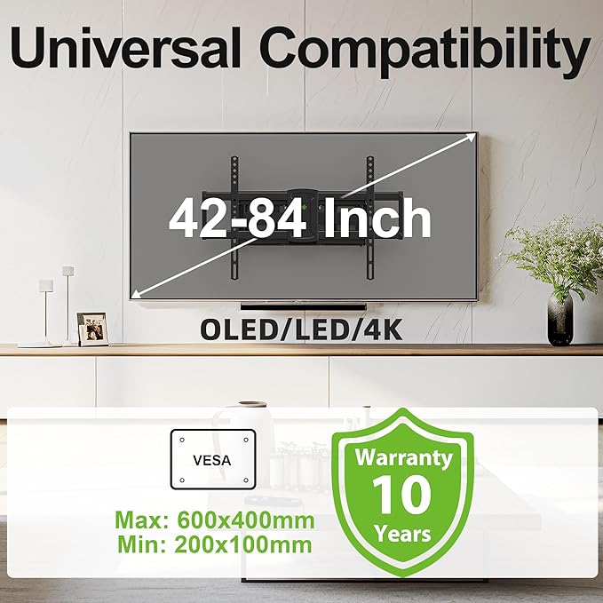Full Motion Mount, USX MOUNT UL Listed TV Wall Mount for Most 42-84 inch TVs, Holds up to 120lbs, Max VESA 600x400mm, Swivel TV Bracket with Dual Articulating Arms Tilt Rotation Fits 16" Wood Stud